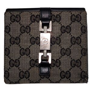 GUCCI Jackie GG Canvas Bi-Fold Wallet Leather Beige Black Used Authentic